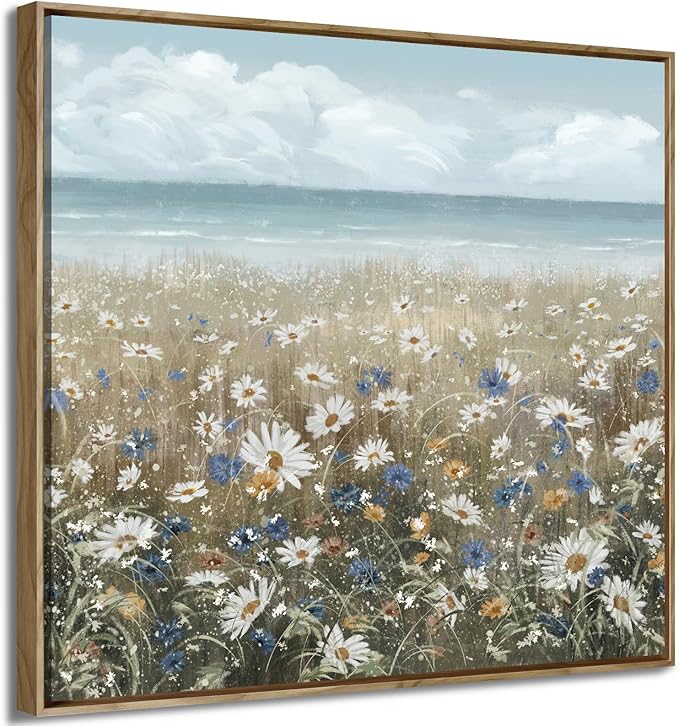 Framed Wall Art for Bedroom Decor Farmhouse Boho Beach Coastal Vintage Floral Ocean Wall Picture Daisy Flowers Sea Canvas Print Nautical Neutral Seascape Artwork for Home Living Room Bedroom Office-Ruum Studio Home