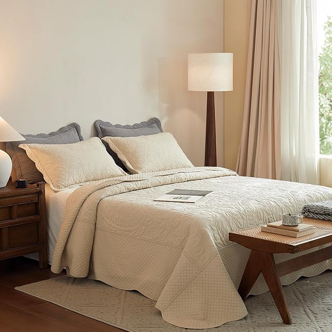 MarCielo 3-Piece 100% Cotton Oversized Bedspread Lightweight Quilt Coverlet Embroidery Farmhouse Bedding Set T0 (Yellowish Beige, Oversized Queen (100"x106"))-Ruum Studio Home