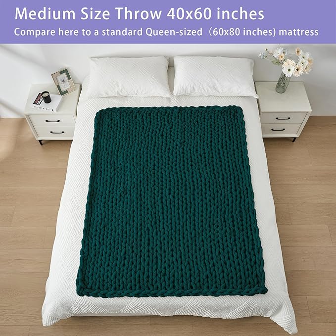 Bigacogo Chunky Knit Throw Blanket for Couch, 40x60 inches, 100% Hand Knitted with Thick Jumbo Chenille Yarn, Cozy Soft Large Rope Knot Cable Crochet Blankets for Sofa Bed Living Room, Dark Green-Ruum Studio Home