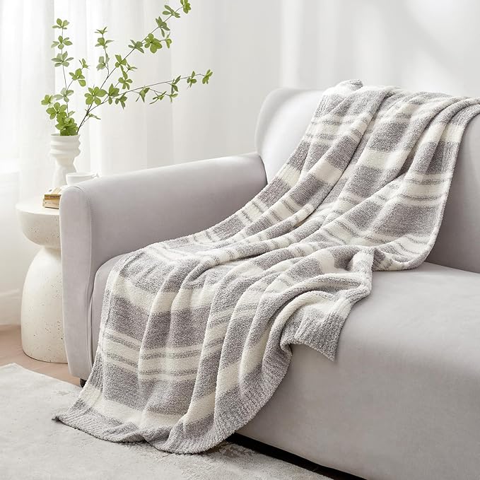 Snuggle Sac Grey Stripe Knitted Throw Blanket for Couch, Reversible Super Soft Warm Blankets Cozy Knit Fuzzy Plush Lightweight Throws for Sofa, Bed, Stripe Grey, 50 x 60 inches-Ruum Studio Home