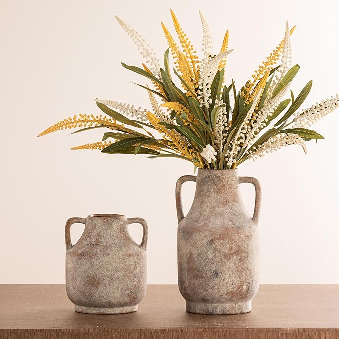 Mitt&Ditt Ceramic Flower Vase with Handles, 8 inch Tall Off-White Vase, Decorative Terracotta Vases, Farmhouse Rustic Pottery Vases for Home Decor, Living Room, Table-Ruum Studio Home