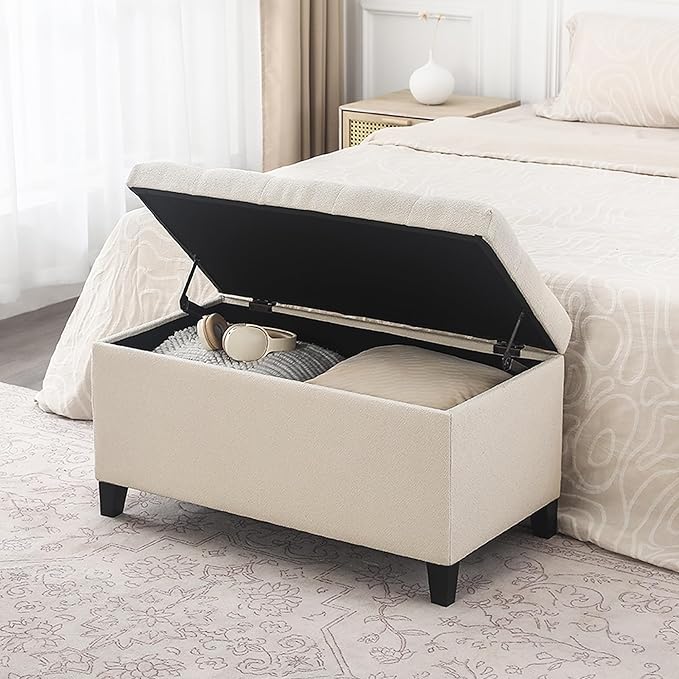 Asense Storage Ottoman Bench, Tufted Fabric Upholstered End of Bed Bench with Safety Hinge Wooden Legs, for Entryway Bedroom (Cotton and Linen Beige, 33.3")-Ruum Studio Home