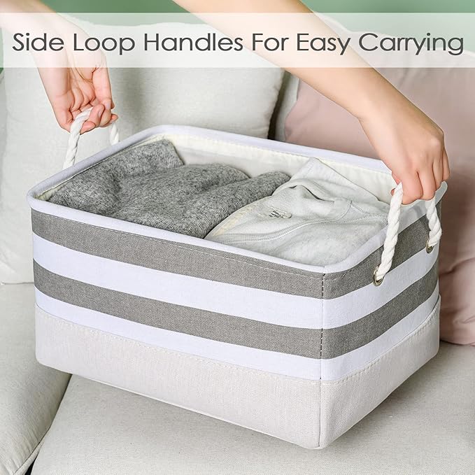 TheWarmHome Storage Basket Fabric Basket with Handles Dog Toy Basket Cloth Storage Bin Shelf Basket Decorative Storage Basket Shoe Basket Gift Basket(Grey&White Stripes-1 Pack,15.7L×11.8W×8.3H)-Ruum Studio Home
