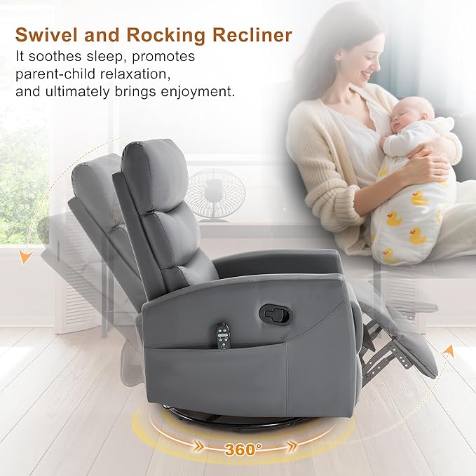 Manual Swivel Rocker Recliner Chair for Adults, Overstuffed Reclining Glider Chair for Nursing with Vibration Massage & Heat, Living Room Rocking Recliner 3-Stage backrest, Faux Leather Gray-Ruum Studio Home