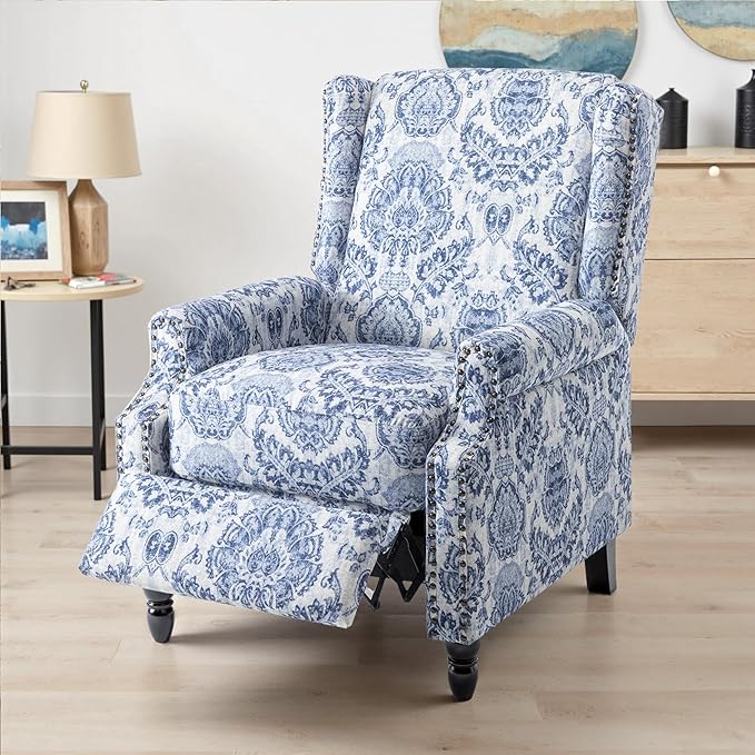 UIXE Floral Pushback Recliner Chair, Fabric Upholstered Armchair Push Back Accent Chair for Living Room, Rivet Trim Club Chair Home Theater Single Sofa Reading Seat - Navy Blue-Ruum Studio Home