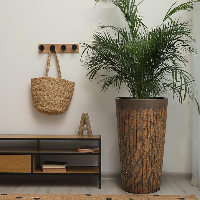 Worth Garden 22.5" H. Plastic Planters - Set of 2 Vintage Brown Tall Conical Plant Pots for Indoor Outdoor Use - Decorative Lightweight Flower Pots for Front Porch, Patio, Deck - 12.5" Dia x 22.5" H-Ruum Studio Home