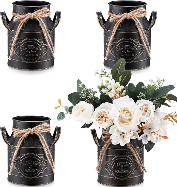 6 Inch Farmhouse Vase Decor Milk Can Vintage Flower Jug Galvanized Metal Vase with Handle Rustic Flower Buckets for Thanksgiving Christmas Table Centerpiece Weddings Gifts(Black,4 Pcs)-Ruum Studio Home
