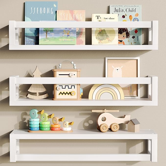 Upgraded Thick Floating Shelves - Multi-Use Wall-Mounted Bookshelves for Kids and Nursery, Ideal for Books, Toys, Spice Rack, Decor - White-Ruum Studio Home