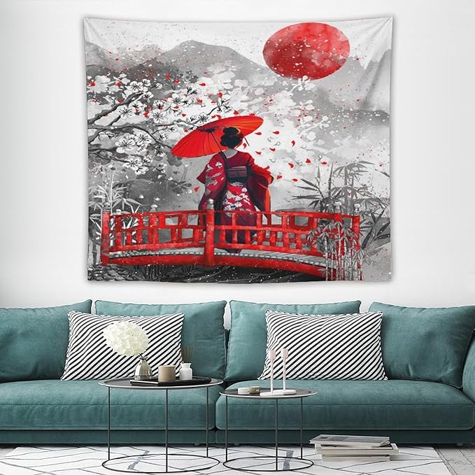 Japanese Red Geisha Tapestry Asian Cherry Blossom Red Sun Traditional Kimono Folk Tapestries Home Decor for Living Room Bedroom Apartment Farmhouse Dorm 60"x50"-Ruum Studio Home