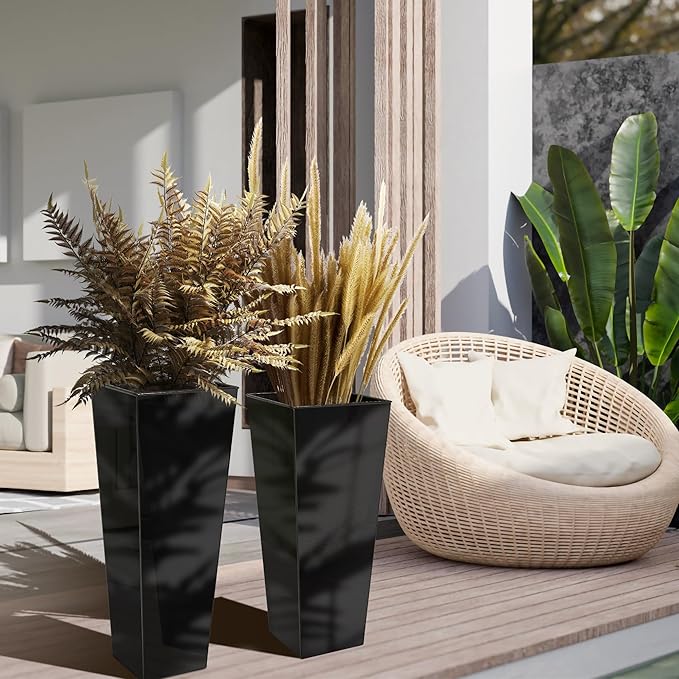 KOL 25'' & 28'' Tall Glazed Planter with Saucer, Set of 2, Galvanized Steel Planter Metal Pots for Indoor & Outdoor Use, Decorative Flower Plant Pots with Drainage Hole for Porch, Patio, Deck - Black-Ruum Studio Home
