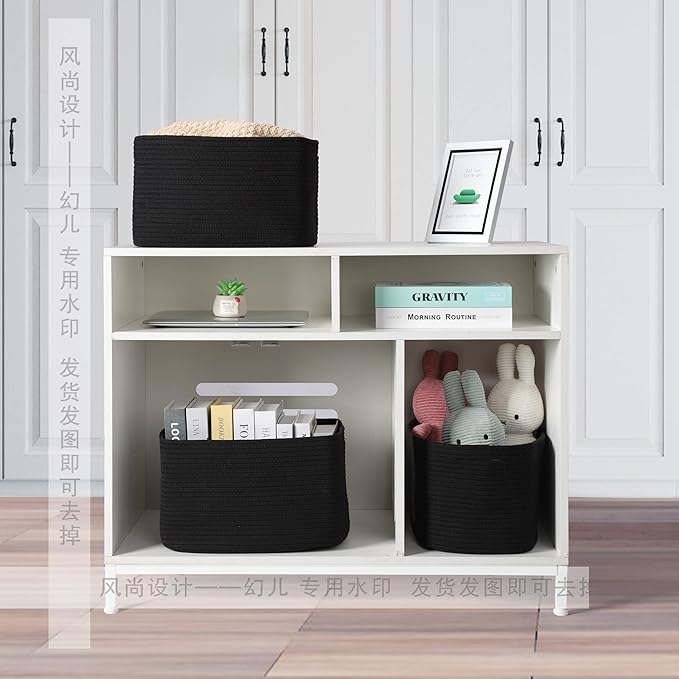 Cotton Rope storage Basket Bins 14.5X9.5X9.3“ Woven Basket for Organizing Shelves Rectangle Decorative Baskets For storage Clothes Toys Books Towels Square Wicker Nursery basket organizer 3 pack black-Ruum Studio Home