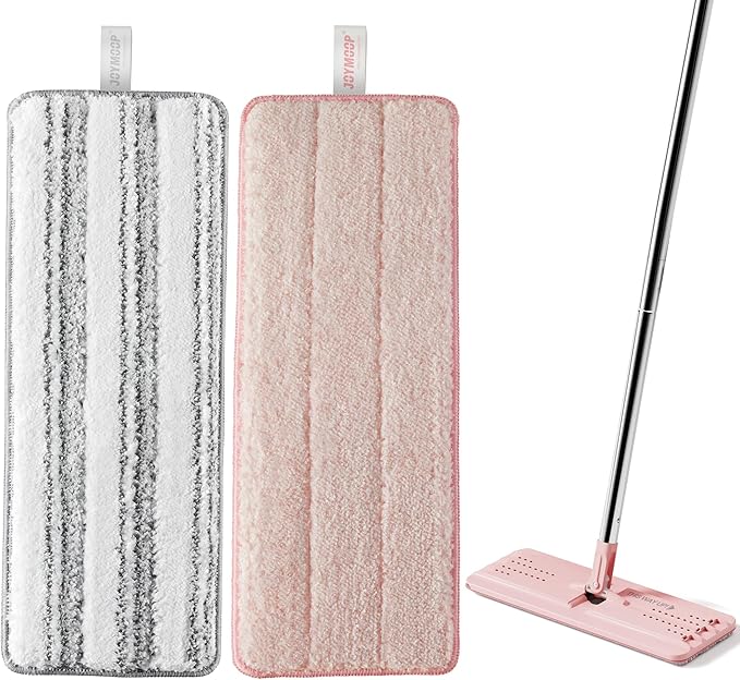 JOYMOOP Mop Replacement Pads, Reusable Microfiber Mop Pads for 13-inch Flat Mop and Mop Bucket Set, Pack of 2 Refills - Stripe and Pink-Ruum Studio Home