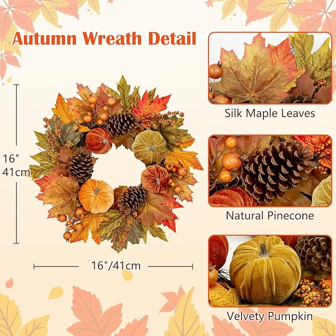 Fall Wreaths for Front Door 16'' Autumn Velvet Pumpkin Wreath with Metal Hook Harvest Maple Wreath Fall Decoration for Home Halloween Thanksgiving Decoration, Briful-Ruum Studio Home