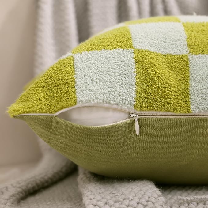Alysheer Checkered Embroidered Decorative Throw Pillow Covers 18"x 18" Set of 2, Farmhouse Cottage Blue Green Designer Plaid Patterned Cotton Accent Cushion Case for Sofa Couch Bed Living Room-Ruum Studio Home