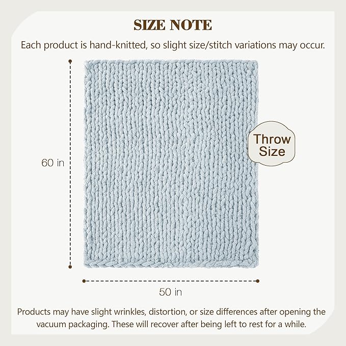 Carriediosa Chunky Knit Throw Blanket 50" X 60", 100% Hand Made Large Chenille Loop Yarn Soft Fluffy Throws for Couch Sofa Bed, Big Crochet Cozy Heavy Thick Cable Woven Blanket, Light Blue-Ruum Studio Home