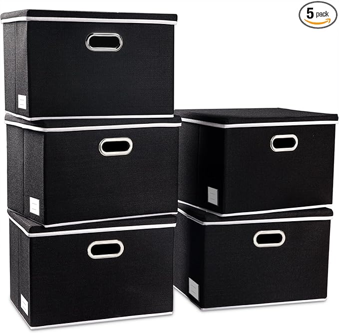PRANDOM Foldable Storage Bin with Lid [5-Pack] Linen Fabric Decorative Storage Box Organizer Container Basket Cube with Handles Divider for Closet Office Living Room Black(14.9x9.8x9.8)-Ruum Studio Home