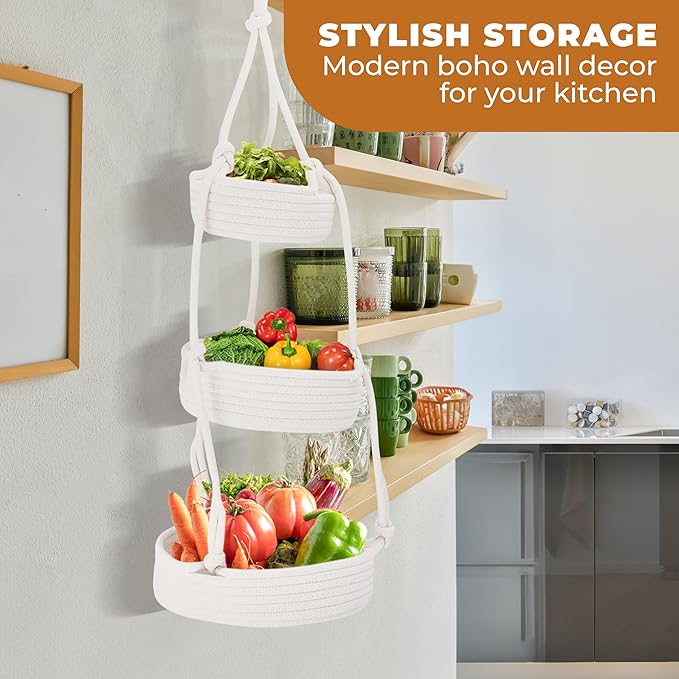 REGAL TRUNK Hanging Fruit Baskets for Kitchen - 3 tiers Fruit Baskets Hanger - Macrame Fruit Hammock - White Boho Wall Decor - Produce and Vegetable Tiered Storage Holder - 3x10x27.5 in-Ruum Studio Home