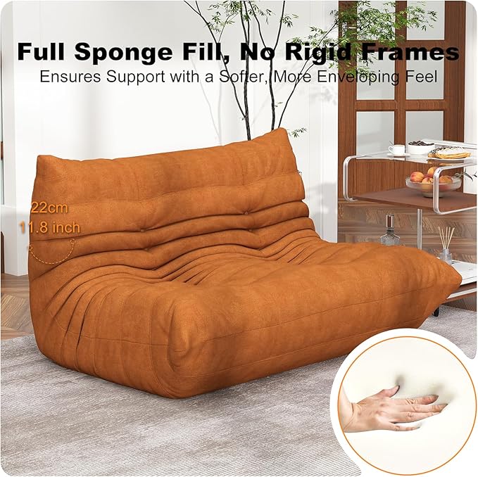 Full Foam Loveseat Sofa,Adults Bean Bag Chairs Floor Couch with Soft Waterproof Fabric,Armless Fireside Lounge Chair for Living Room,Apartment and Office (DarkOrange)-Ruum Studio Home