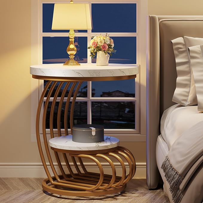Tribesigns Gold Round End Table: 2 Tiers Faux Marble Side Table with Storage Shelf, Modern White Gold Bedside Nightstand, Metal Arc-Shaped Frame Accent Table for Living Room, Bedroom-Ruum Studio Home
