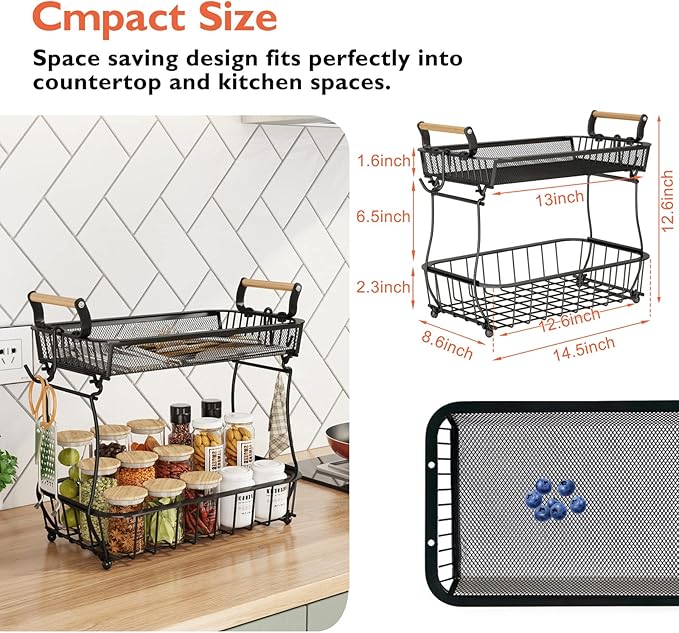 ANTOPY 2 Tier Fruit Basket with 2 Banana Hangers, Countertop Fruit Vegetable Basket Bowl for Kitchen Counter Metal Mesh Basket Fruits Stand Produce Holder Organizer for Onion Potato Bread Snack Veggie-Ruum Studio Home