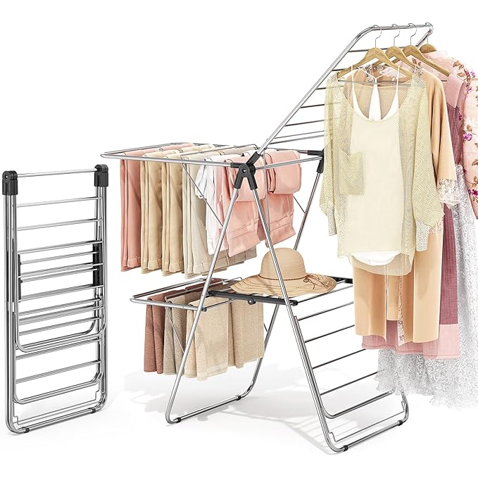 APEXCHASER Clothes Drying Rack with 4 Wings, Drying Rack Clothing with Height-Adjustable, Foldable Gullwings Laundry Drying Rack, Indoor Outdoor Use, No Assembly, Black-Ruum Studio Home