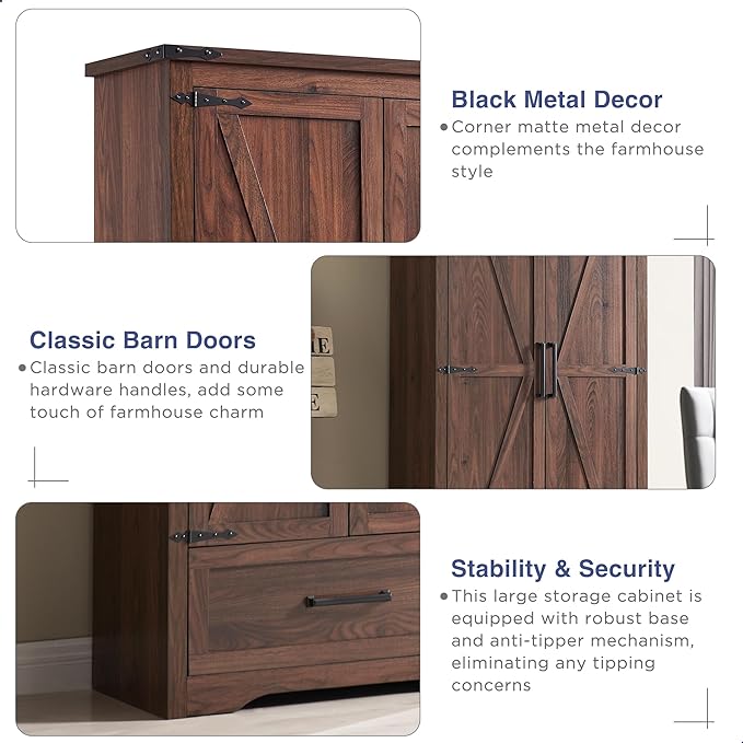 JXQTLINGMU Farmhouse Kitchen Pantry Cabinet - 72" Tall Wood Kitchen Storage Cabinets with Adjustable Shelves & 2 Barn Doors & Drawer, Versatile Storage for Dining Room, Bathroom, Rustic Brown-Ruum Studio Home