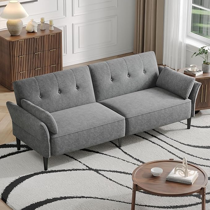 89” Futon Sofa Bed, Comfy Futon Couch Bed with 2 Square Pillows, Convertible Sleeper Sofa with Adjustable Backrest& Armrests, Modern Loveseat Sleeper for Living Room, Bedroom, Light Gray-Ruum Studio Home