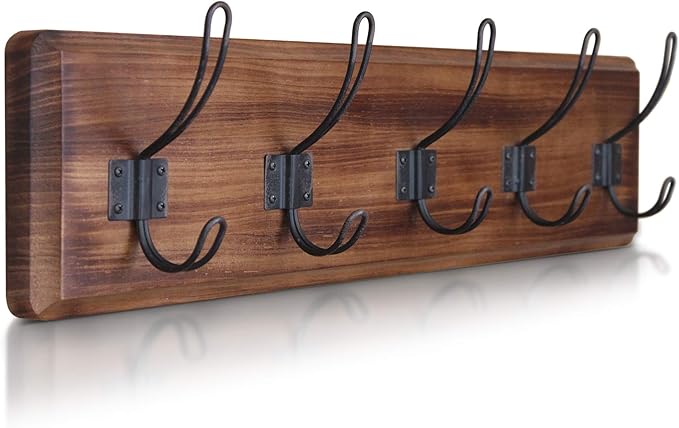 HBCY Creations Dark Wash Brown Rustic Coat Rack Wall Mount with 5 Hooks, Solid Pine Wood 24 inch Wall Hooks for Entryway, Mudroom, Hallway, Bathroom - Vintage Farmhouse Style Wall Mounted Towel Rack-Ruum Studio Home