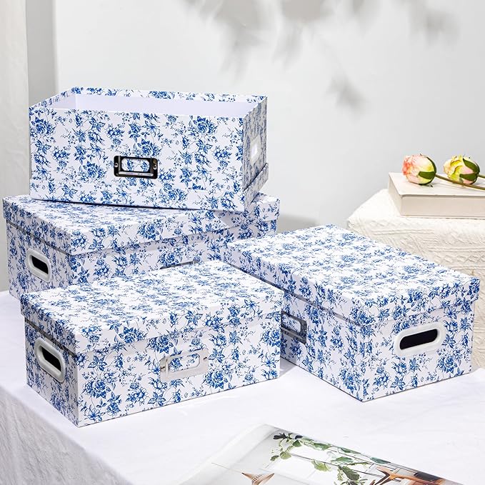 Briful Set of 4 Blue and White Storage Boxes with Lids – Photo Boxes Elegant Floral Nesting Organizer Bins, 14''/13''/12.2''/7.5'' Set Decorative Cardboard Gift Boxes for Home or Office Use-Ruum Studio Home