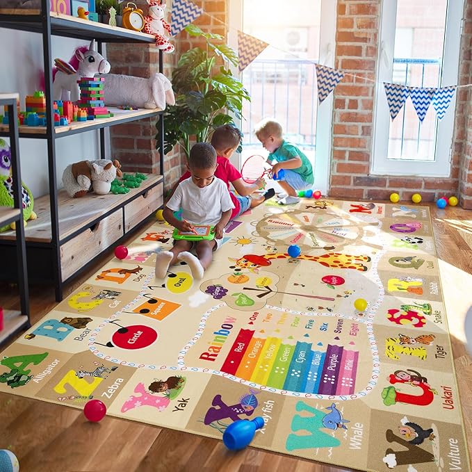 7x10 Playroom Rugs for Kids Washable, Educational and Fun Playmat with ABC Alphabet Animals Shapes Colors, Non-Slip Play Mat Learning Rug for Baby Toddler Children Game Activity，Beige, Pink-Ruum Studio Home