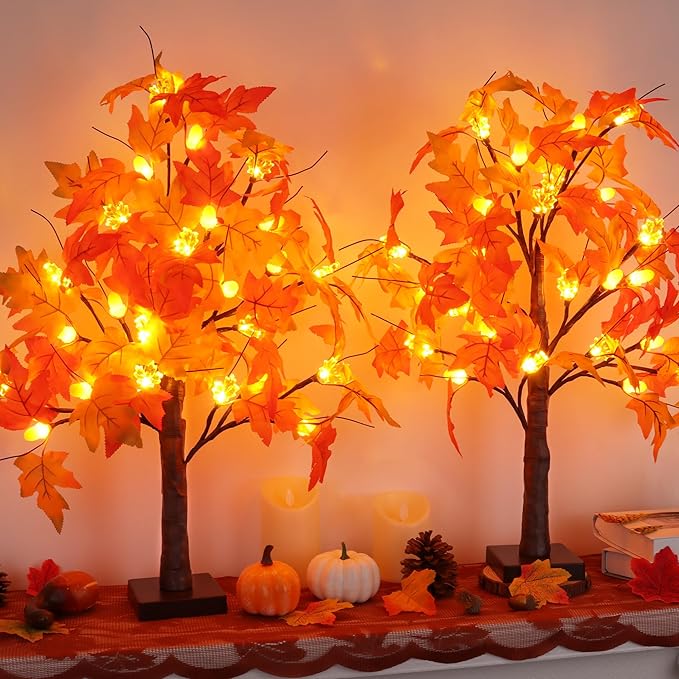 2 Pack 24 Inch Prelit Fall Maple Tree Fall Decor with 48 LEDs Timer Battery Operated Artificial Fall Light Up Tree Maple Acorn for Fall Thanksgiving Decorations Table Home Office Indoor Autumn Harvest-Ruum Studio Home