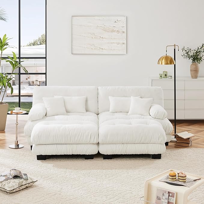 Loveseat Modular Sectional Sofa, U Shaped Couch with Ottoman, Cloud Couch Sectional Couch Home Sofa Living Room Oversized Couch Deep Seat Couch with Round Bolster Armrests 4 Pillows(White)-Ruum Studio Home