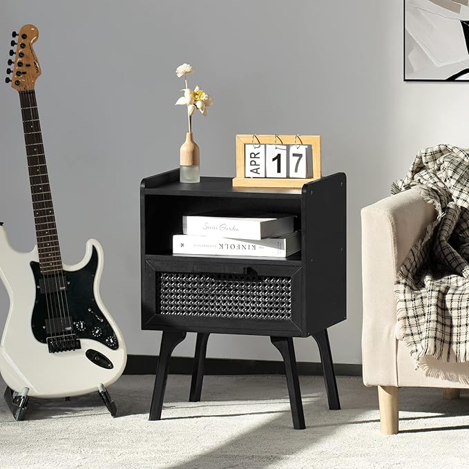 Lerliuo Rattan Nightstands Set of 2, Boho Side Table with Drawer Open Shelf, Cane Accent Bedside End Table with Solid Wood Legs for Bedroom, Dorm and Small Spaces (Black)-Ruum Studio Home