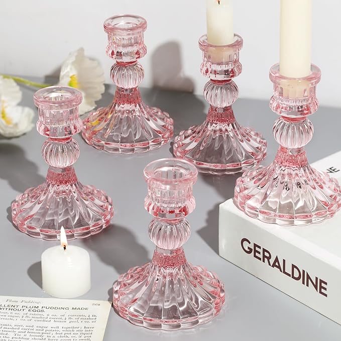 12PCS Pink Candlestick Holders Set- 4" H Taper Candle Holders, Glass Candle Holders Bulk for Wedding, Party, Home Table Centerpieces, Festival Gifts & Windowsill Decor-Ruum Studio Home