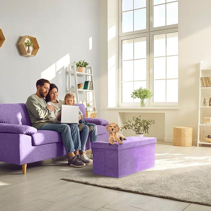 Sorbus Storage Ottoman Bench – Collapsible/Folding Bench Chest with Cover – Perfect Toy and Shoe Chest, Hope Chest, Pouffe Ottoman, Seat, Foot Rest, – Contemporary Faux Suede (Purple)-Ruum Studio Home