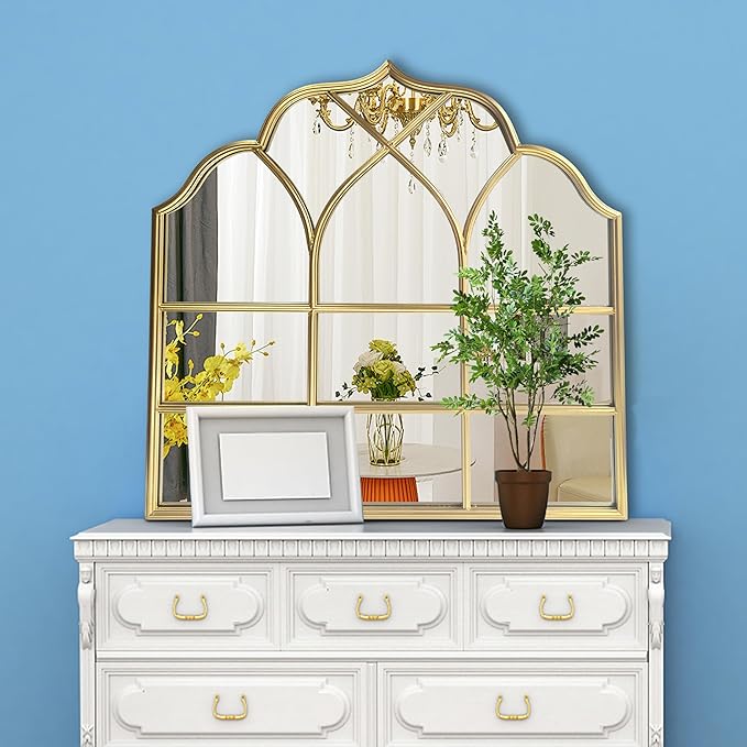 Window Mirror Pane Scalloped, Wide Arched Gold Mirrors Decorative, Cathedral Arch Wall Decor with Metal Windowpane Grid for Mantle Entryway Fireplace Hallway Living Room-Ruum Studio Home