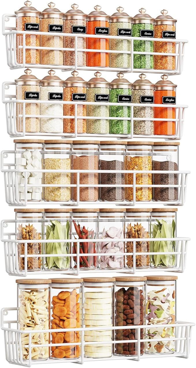 5 Pack Spice Rack Seasoning Organizer Wall Mount, Screw or Adhesive Hanging Shelf Basket Spice Organizer Shelf for Kitchen, White-Ruum Studio Home