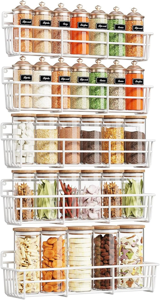 5 Pack Spice Rack Seasoning Organizer Wall Mount, Screw or Adhesive Hanging Shelf Basket Spice Organizer Shelf for Kitchen, White-Ruum Studio Home