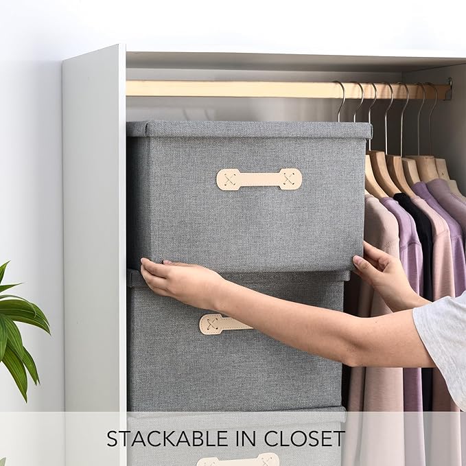 Enzk&Unity Decorative Storage Boxes with Lids, 3 Pack Grey Fabric Storage Bins with Handle, Foldbale and Stackable Storage Boxes for Shelf, Closet, Bedroom, Living Room-Ruum Studio Home