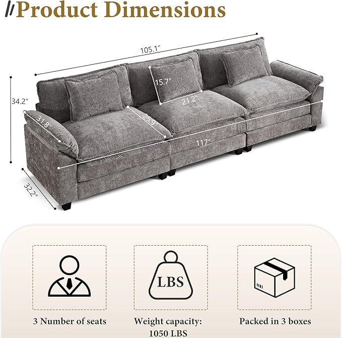 URRED Modular Sectional Sofa Comfy Cloud Couch, Modern Chenille Sofa Sleeper Deep Seat Couches with Ottoman/Pillows for Living Room (Gray, 117'')-Ruum Studio Home