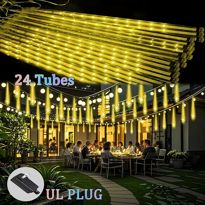 Outdoor Meteor Shower Christmas Lights 24-Tube 576LEDs Shooting Star Waterfall Meteor Shower Falling Rain Light for Christmas Tree Decorations Wedding Party Holiday Garden, UL Plug Warm White-Ruum Studio Home
