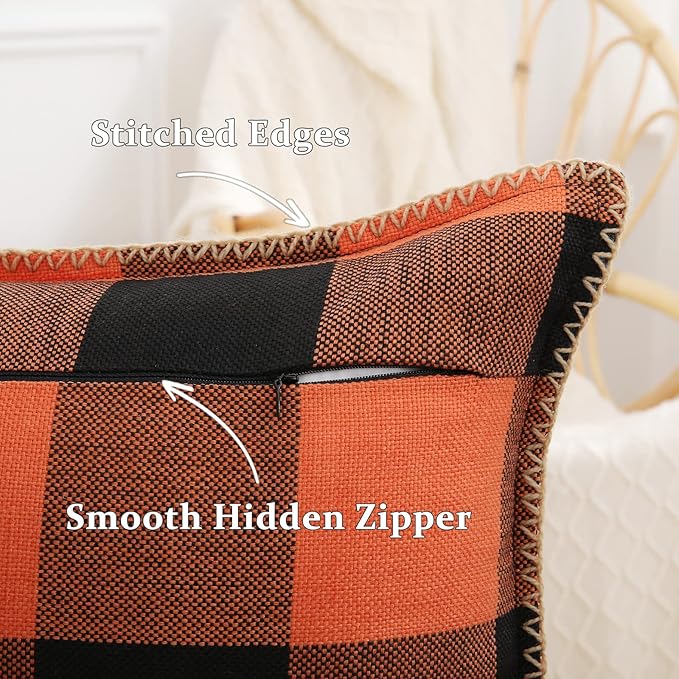decorUhome Fall Orange and Black Decorative Throw Pillow Covers 18x18 Set of 2, Buffalo Plaid Check Farmhouse Cushion Covers with Stitched Edge for Autumn Harvest Couch Sofa Bed Home Decor-Ruum Studio Home