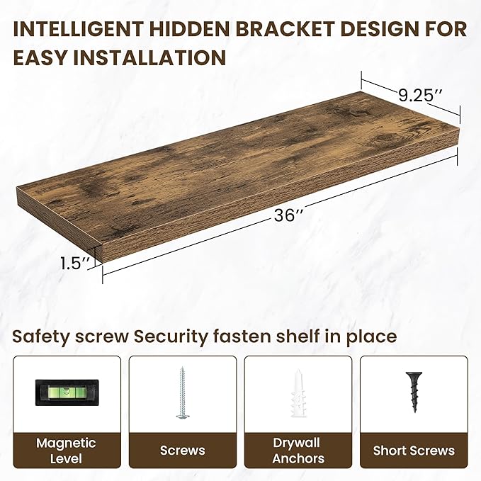 36 Inch Floating Shelves, 12 Inch Deep Floating Shelves for Wall, Floating Shelf with Invisible Brackets, Deep Shelves for Bathroom, Bedroom, Living Room, 2 Pack, Brown-Ruum Studio Home