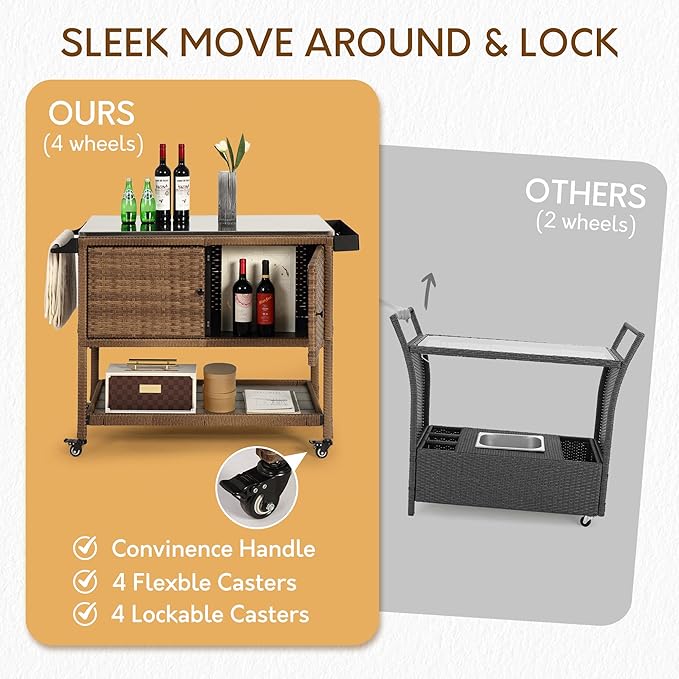 Wicker Outdoor Bar Cart with 4 Lockable Casters, Patio Prep Stainless Table with 2 Ratten Doors Storage Cabinet,Island Cart with WPC Shelf for Grill, Kitchen and Garden, Brown-Ruum Studio Home