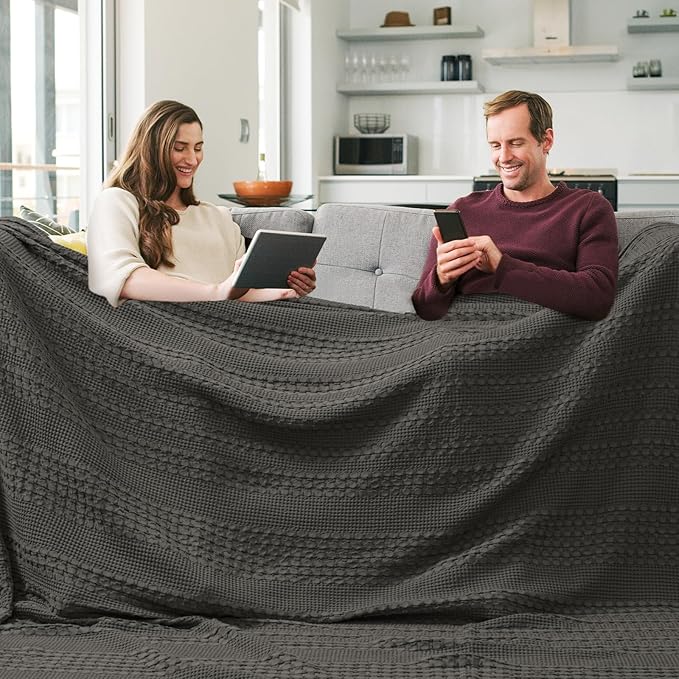 PHF 100% Cotton Waffle Blanket Oversized King 120"x120", Lightweight Breathable Extra Large 10'x10' Summer Blankets for Bed, Giant Big Luxury Aesthetic Woven Bedding for Home Decor, Charcoal Grey-Ruum Studio Home