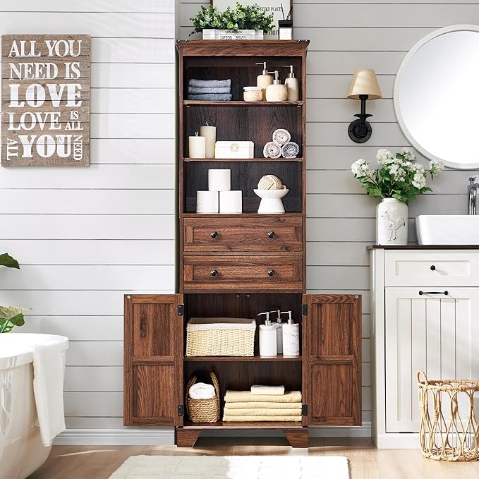 72" Tall Bathroom Storage Cabinet, Farmhouse Storage Cabinet with Adjustable Shelves, Barn Door & 2 Drawers, Cabinet for Bathroom, Living Room & Kitchen, Brown-Ruum Studio Home