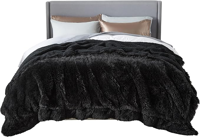 Bedsure GentleSoft Fluffy Black Blankets Queen Size for Bed, Thick Sherpa Faux Fur Fleece Fuzzy Plush Winter Warm Soft Full Queen Blankets, Bedroom Decor Black Gifts Cozy Gifts for Women Men, 90x90-Ruum Studio Home