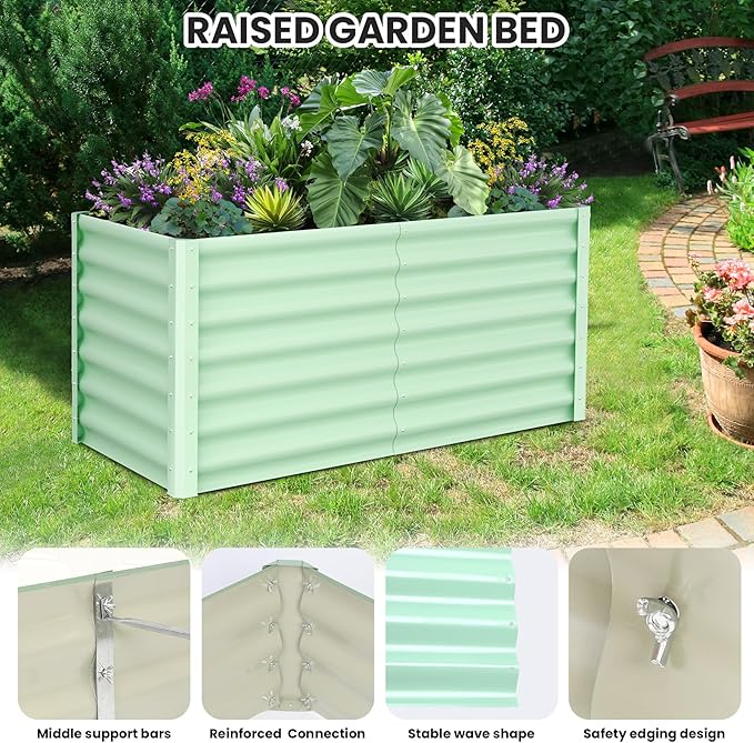 Galvanized Raised Garden Bed Outdoor, 2 Pcs 6x3x2FT Outdoor Large Planter Raised Beds Open Base with Safety Edge and Glove for Vegetables Flowers Ground Planter, Green-Ruum Studio Home
