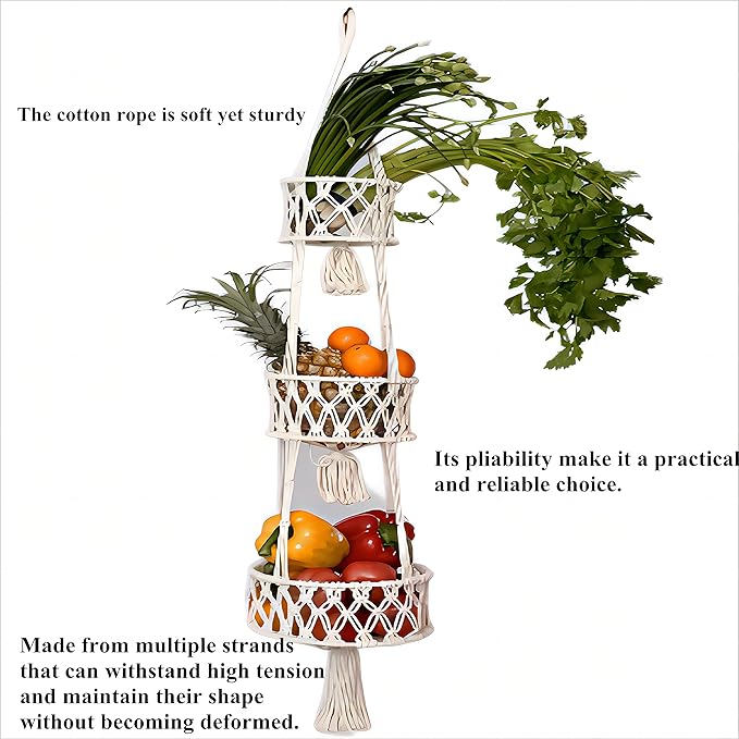 Pony River Hanging Fruit Basket, 3 Tier Cotton Macrame Produce Basket for Kitchen, Indoor Planter Hangers.-Ruum Studio Home