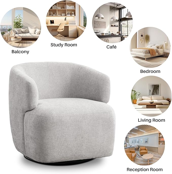 Swivel Accent Chair, Chenille Barrel Chair for Living Room, Cozy Round Boucle Arm Chair, Metal Base for Club Nursery Bedroom, Light Grey-Ruum Studio Home